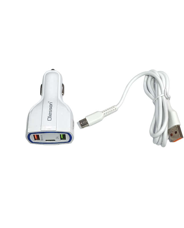 Fast Charging - 3 Port Car Charger 2 USB And 1 Type C  With Type Cable