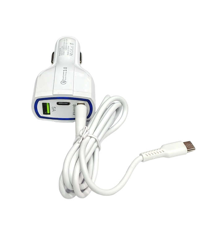 Fast Charging - 3 Port Car Charger 2 USB And 1 Type C  With Type Cable