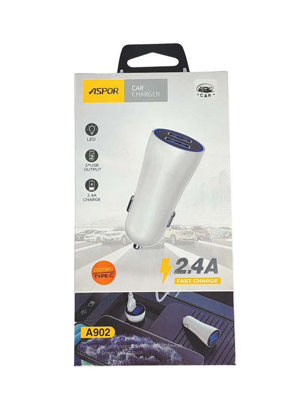 Dual Usb Port Car Charger 2.4A  With Usb To C Cable - White