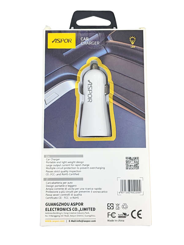 Dual Usb Port Car Charger 2.4A  With Usb To C Cable - White