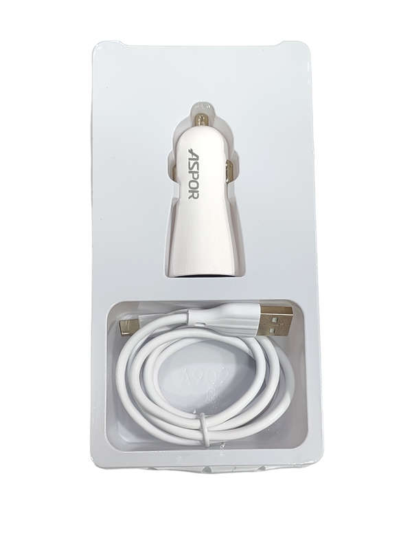 Dual Usb Port Car Charger 2.4A  With Usb To C Cable - White
