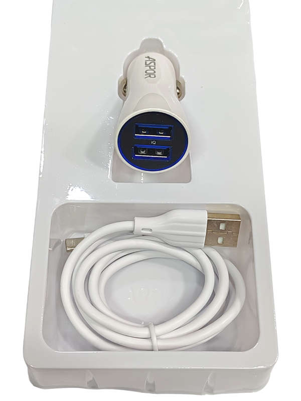 Dual Usb Port Car Charger 2.4A  With Usb To C Cable - White