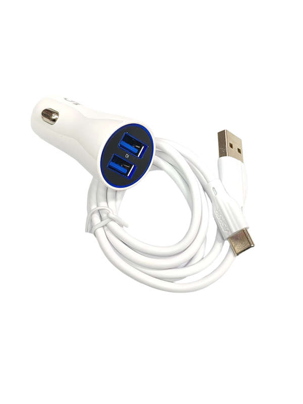 Dual Usb Port Car Charger 2.4A  With Usb To C Cable - White
