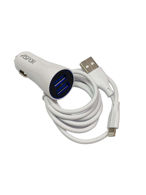 Dual Usb Port Car Charger 2.4A iPhone With Usb To Lightning Cable - White