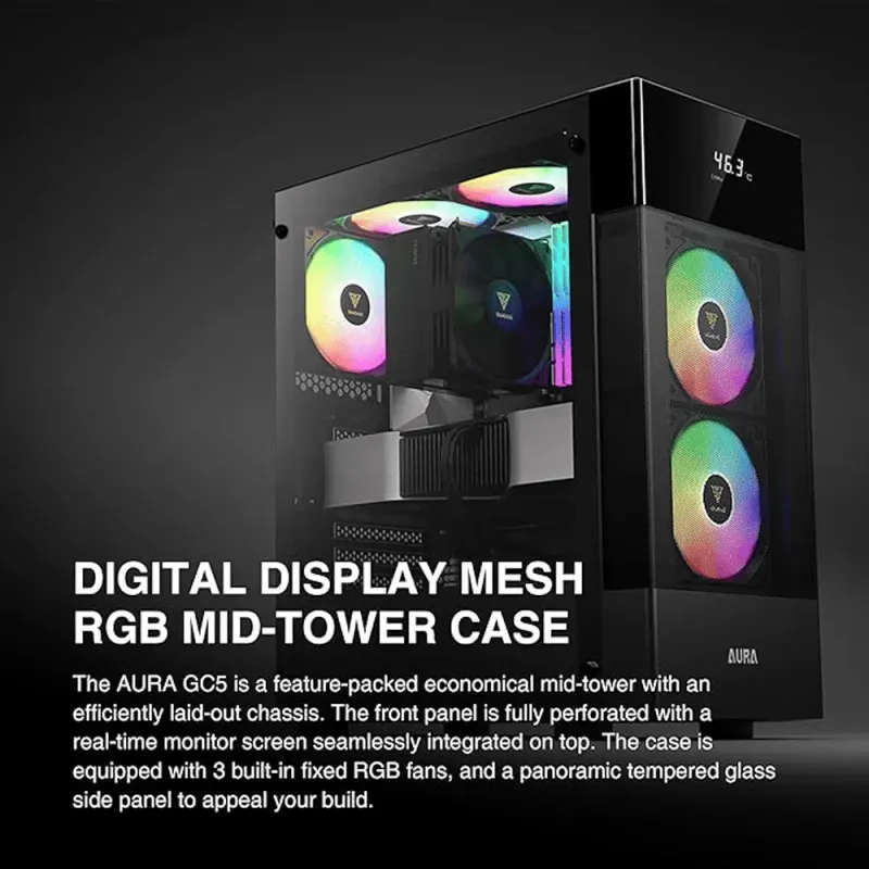 Mid-Tower PC Case with Digital Display & RGB Fans  Aura GC5
