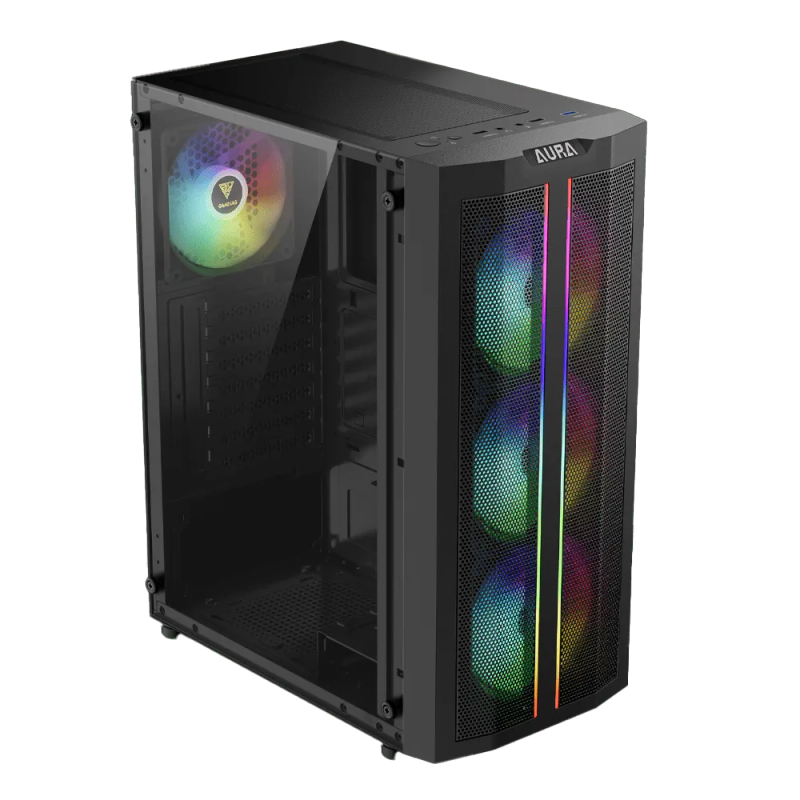 High-Performance Black Gaming Case with ARGB Fans & Dual Light Strips  AURA GC3 ELITE