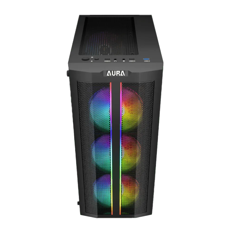 High-Performance Black Gaming Case with ARGB Fans & Dual Light Strips  AURA GC3 ELITE