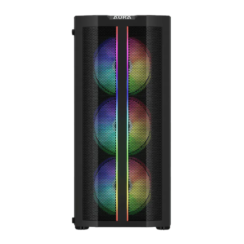High-Performance Black Gaming Case with ARGB Fans & Dual Light Strips  AURA GC3 ELITE