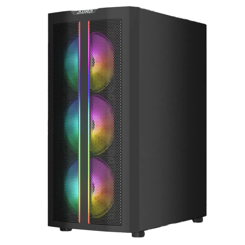 High-Performance Black Gaming Case with ARGB Fans & Dual Light Strips  AURA GC3 ELITE