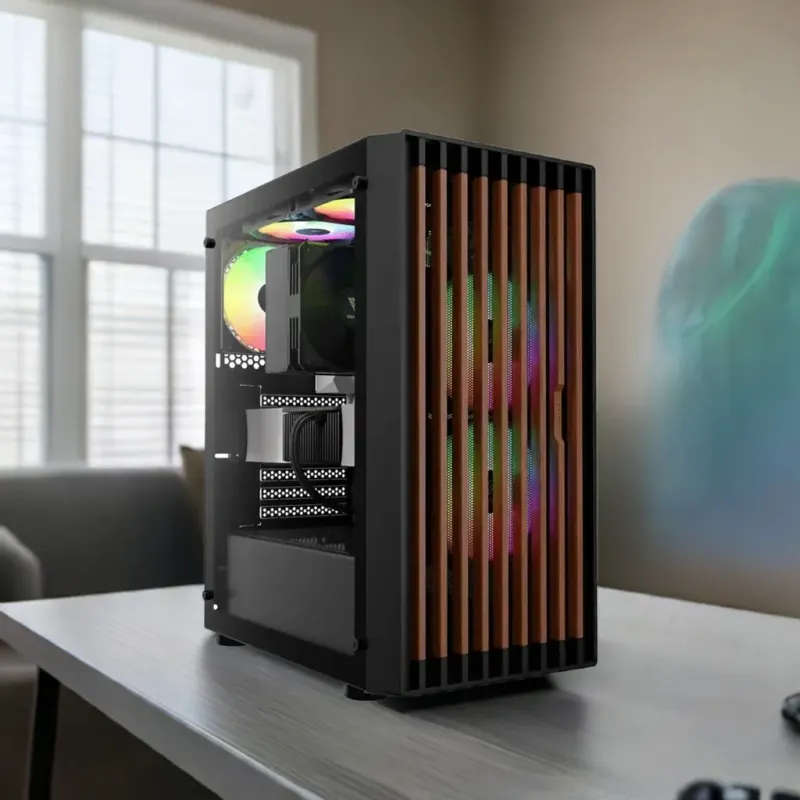 Gamdias Aura GC4 Tempered Glass Gaming Case with Walnut Mesh Front & ARGB Fans  Black