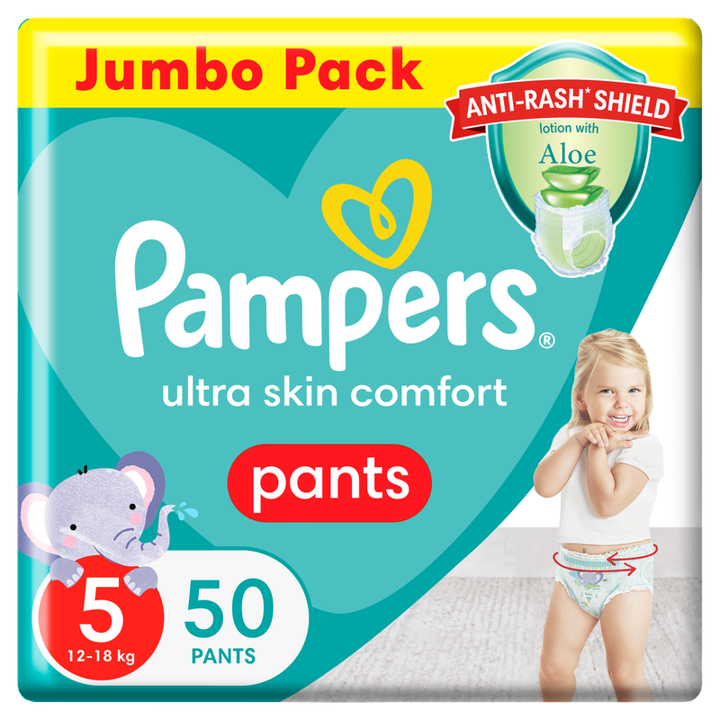 Pampers Anti-Rash Shield Pants Size 5(12-18kg) 50 Nappies, Lotion With Aloe