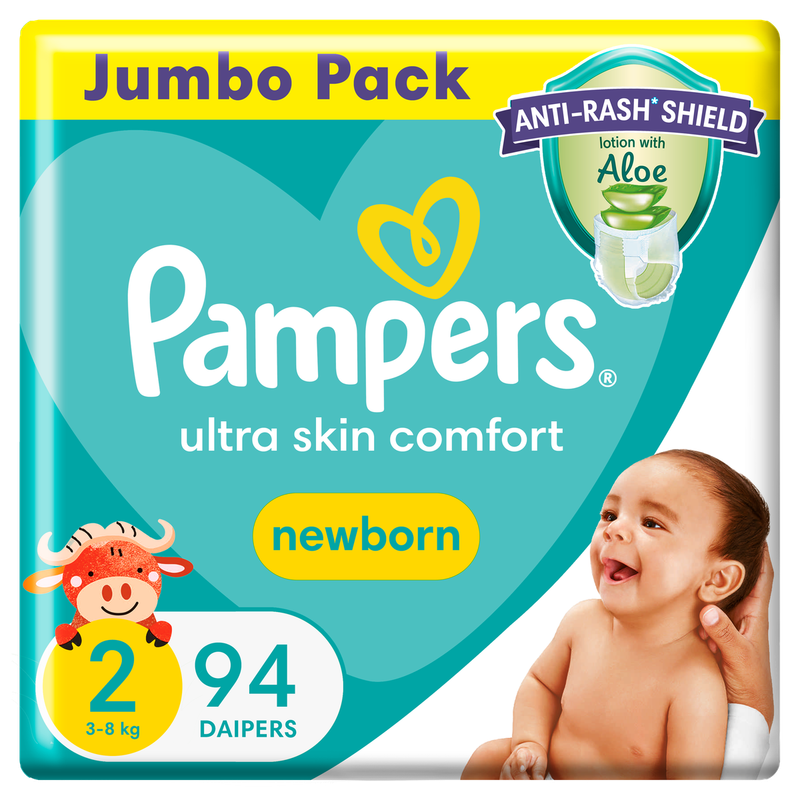 Pampers Anti-Rash Shield Taped Size 2 (3-8 kg) 94 Nappies, Lotion With Aloe
