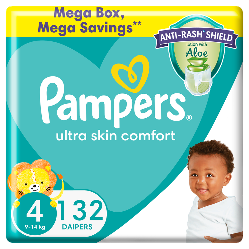 Pampers Anti-Rash Shield Taped Diaper Size 4(9-14kg), 132 Nappies