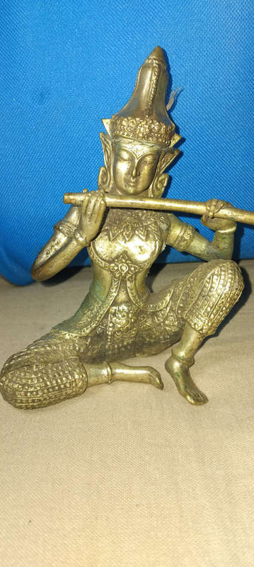 Antique Original Brass Golden Guilted Playing Flute Figurine Statue