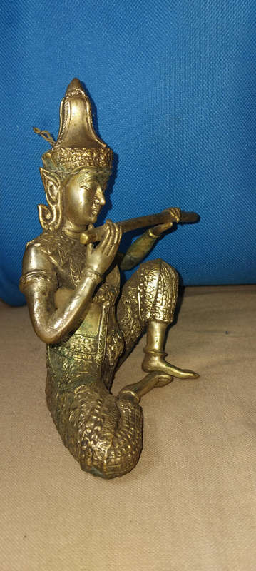 Antique Original Brass Golden Guilted Playing Flute Figurine Statue