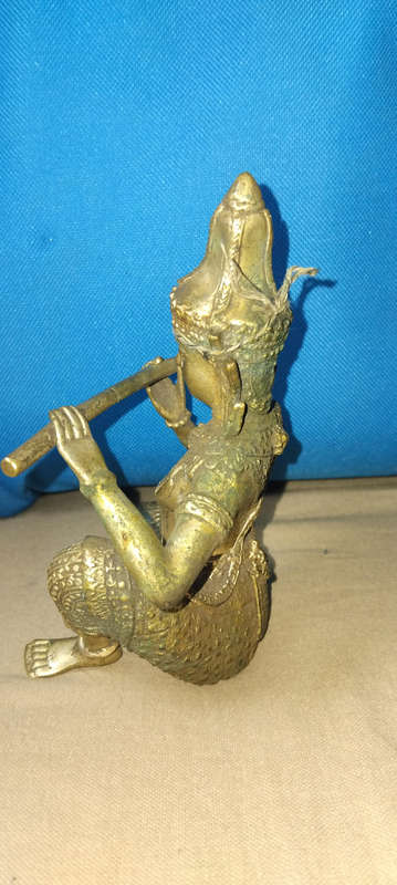 Antique Original Brass Golden Guilted Playing Flute Figurine Statue