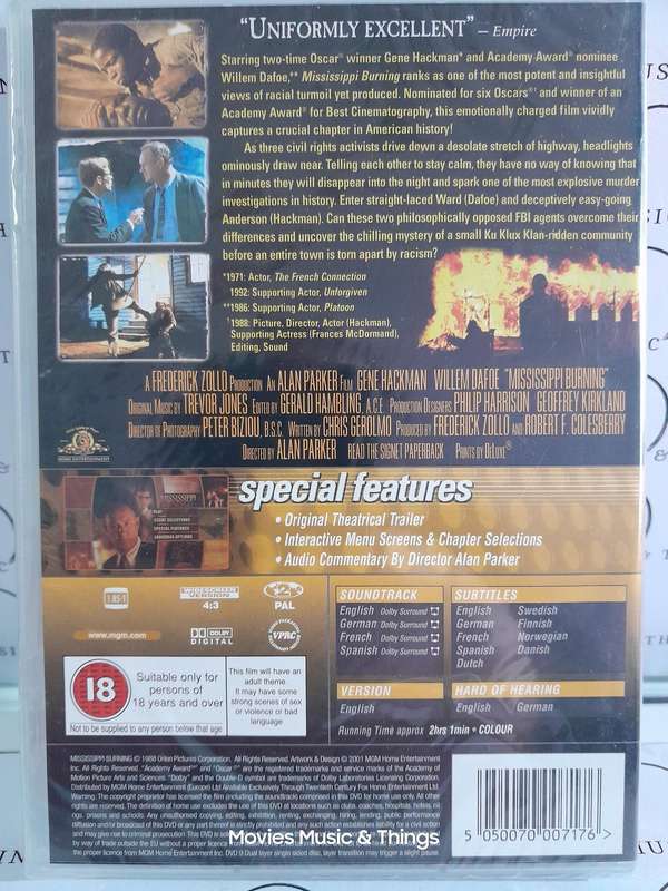 Mississippi Burning - Gene Hackman & William Dafoe (DVD) New