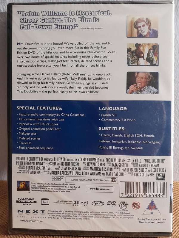 Mrs. Doubtfire - Robin Williams & Sally Field (DVD) New