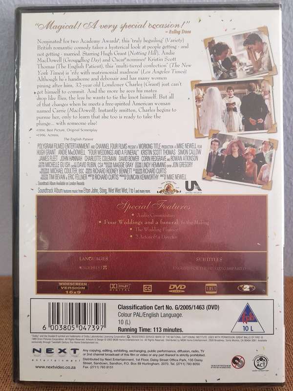 Four Weddings and a Funeral - Hugh Grant & Andy MacDowell (DVD) New