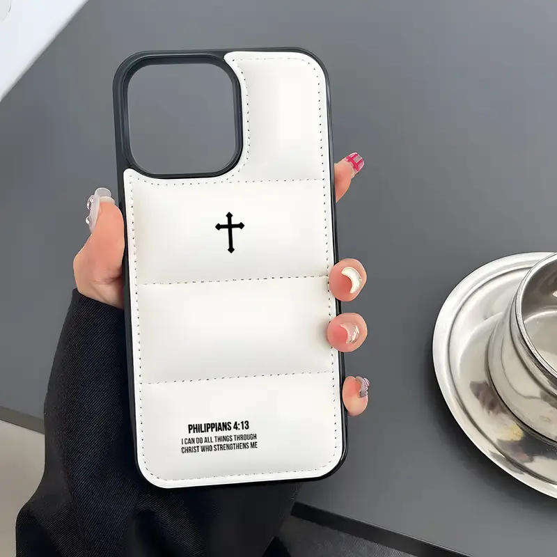 Philippians 4 13 Crucifix Aesthetic 3D Puffer Phone Case for iPhone16 11 15 14 13 12 Pro Max Plus XR