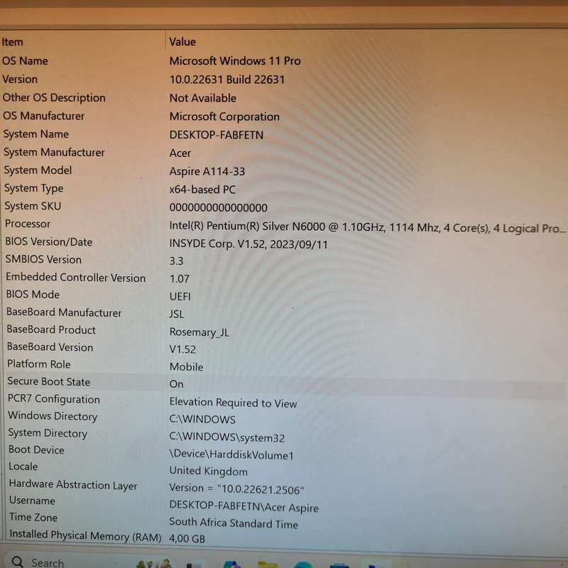 Acer Aspire A114-33-P8BS Quad Core Pentium(R) Silver N6000 1.1GHz 128GB SSD 4GB RAM