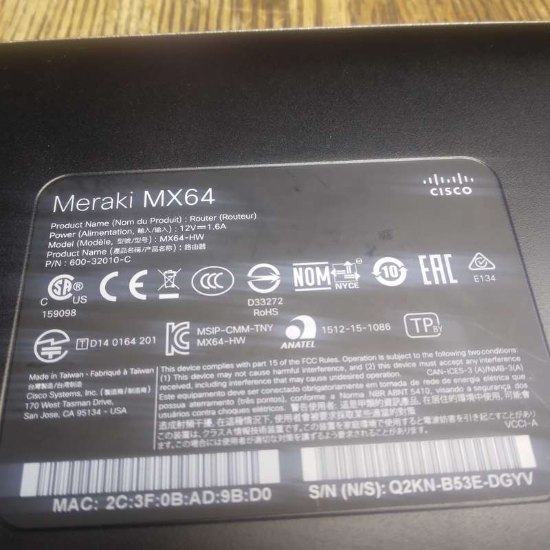 Cisco Meraki MX64-HW Cloud Managed Dual-Band Security Appliance 5 Ports - Pre-Owned