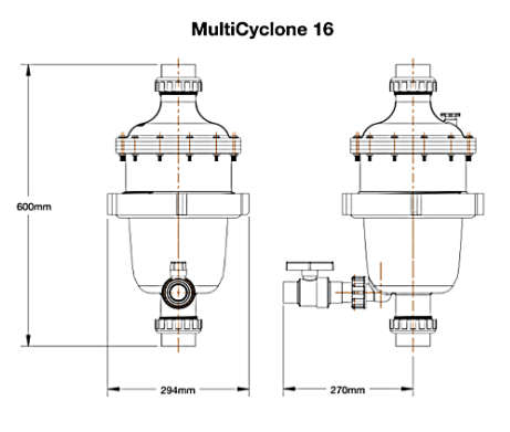 Multicyclone Centrifugal Water Prefilter - MC16 - Max Flow 30m3/hr