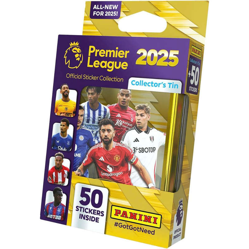 PREMIER LEAGUE 2025 SOCCER STICKER TIN - 10 PACKETS (50 STICKERS)