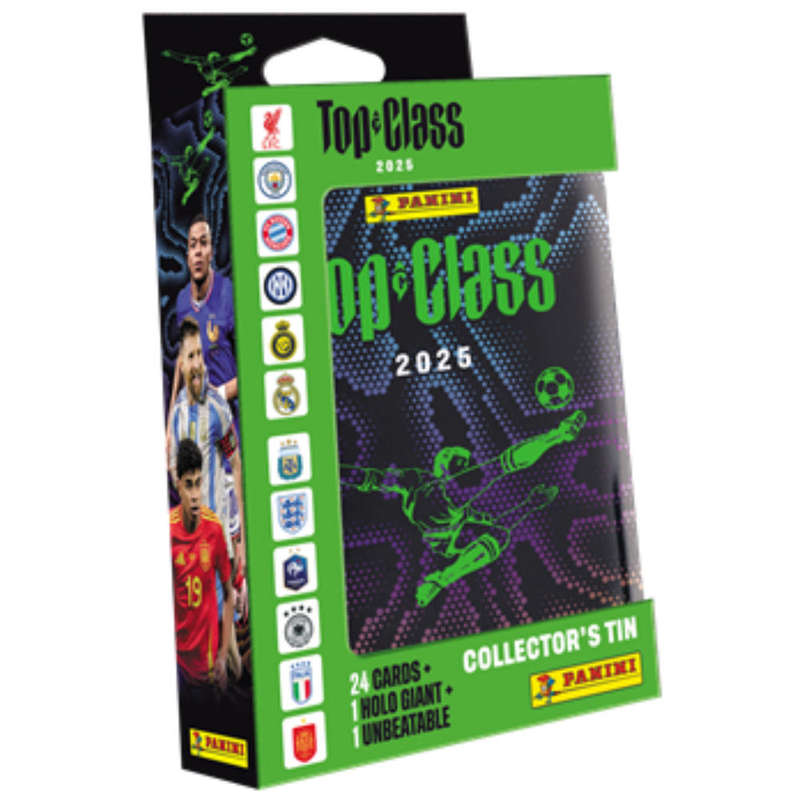 FIFA TOP CLASS 2025 SOCCER CARDS POCKET TIN - 24 CARDS, 1 HOLOGIANT + 1 UNBEATABLE
