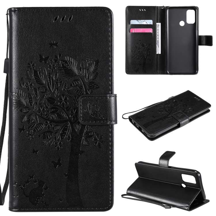 For OPPO A53 (2020) / A32 Tree Cat Print PU Leather Horizontal Flip Case with Holder, Card Slots
