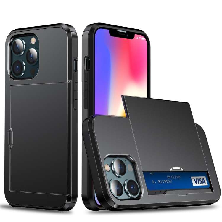 For iPhone 13 Shockproof Armor Protective Case with Slide Card Slot(Black)