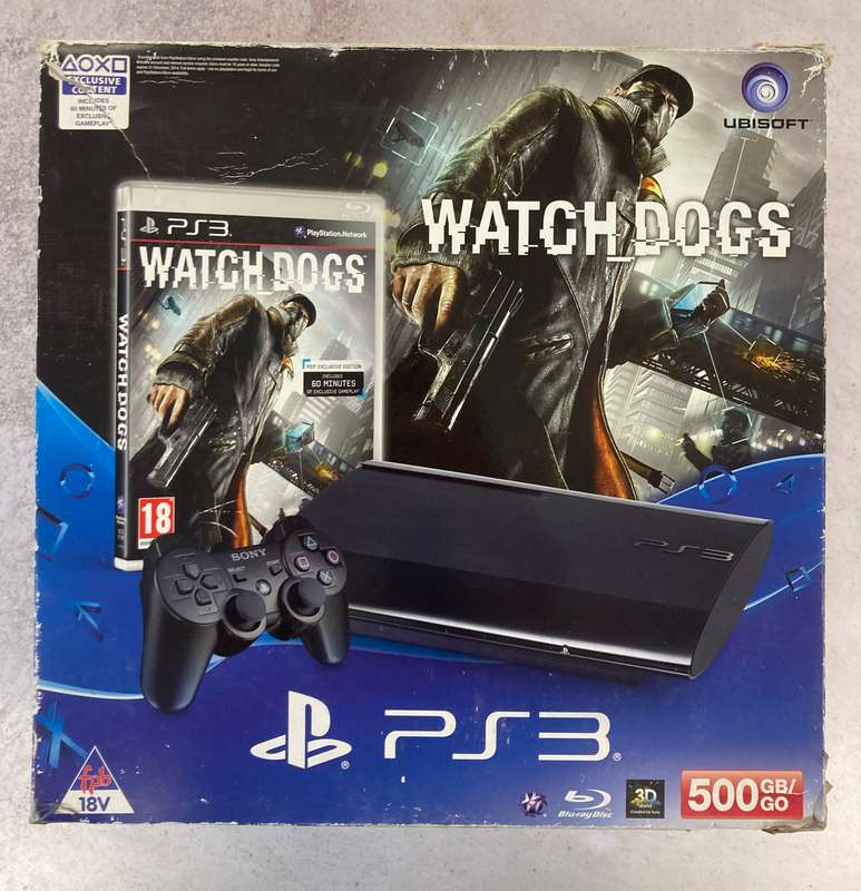 Sony PlayStation 3  Super Slim 500GB Console (Black) + Watch Dogs (PS3) (In Onriginal Box)