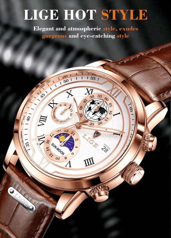 LIGE High-End Business Watch Men's Watch 24-Hour Moon Phase Rotating Waterproof Calendar Luminous