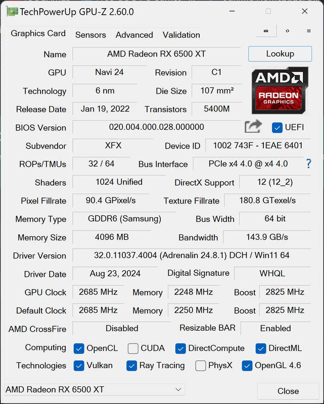 XFX Radeon RX 6500 XT Speedster QICK 4GB GDDR6 64-bit PCI-E 4.0 Desktop Graphics Card