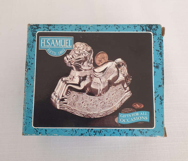 Vintage H Samual silver plated rocking horse money bank