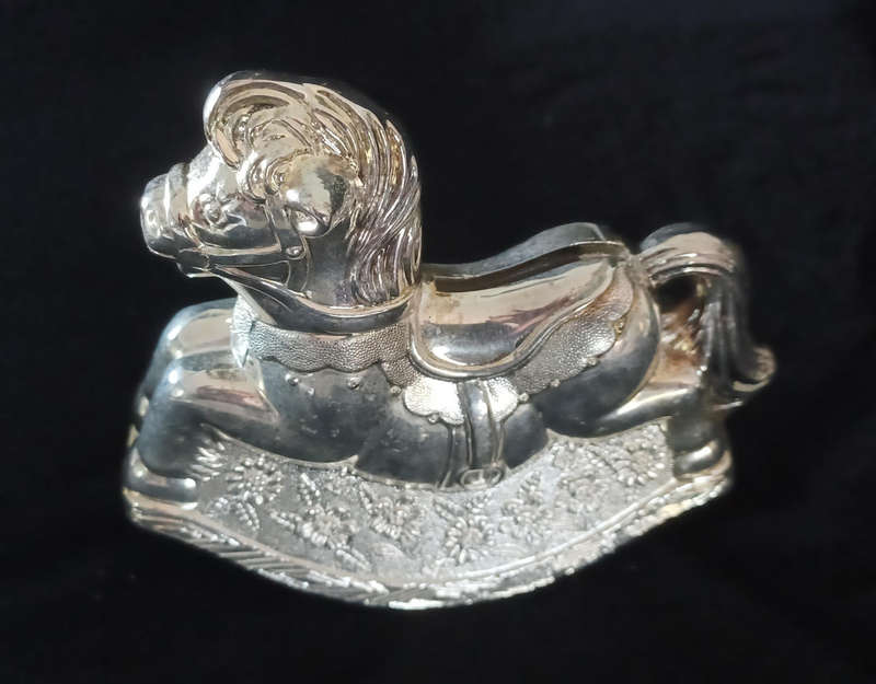 Vintage H Samual silver plated rocking horse money bank