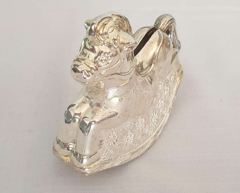 Vintage H Samual silver plated rocking horse money bank