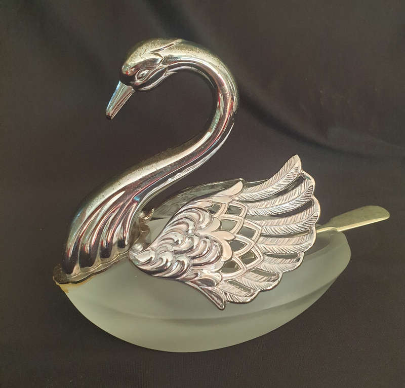 Vintage Swan sugar bowl and salt and pepper containers with silver plated wings on frosted glass