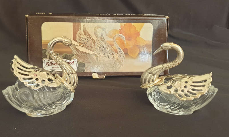 Vintage Swan sugar bowl and salt and pepper containers with silver plated wings on frosted glass