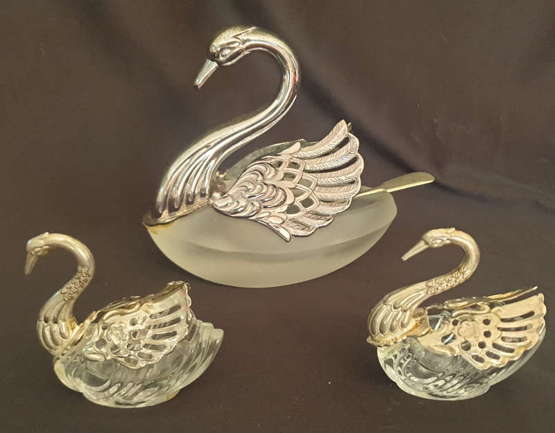 Vintage Swan sugar bowl and salt and pepper containers with silver plated wings on frosted glass