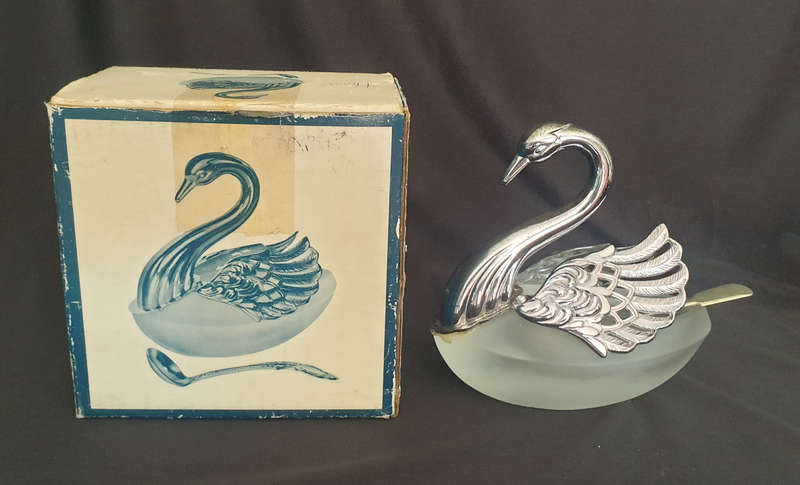 Vintage Swan sugar bowl and salt and pepper containers with silver plated wings on frosted glass