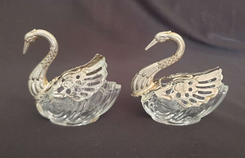 Vintage Swan sugar bowl and salt and pepper containers with silver plated wings on frosted glass