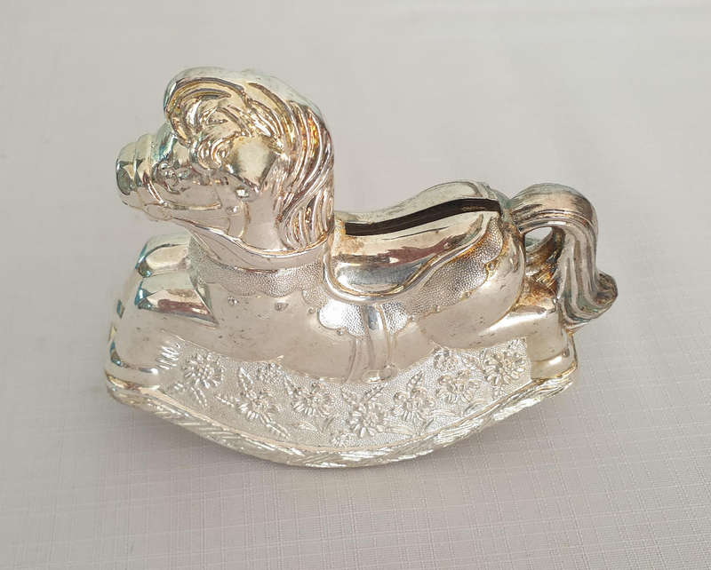 Vintage H Samual silver plated rocking horse money bank