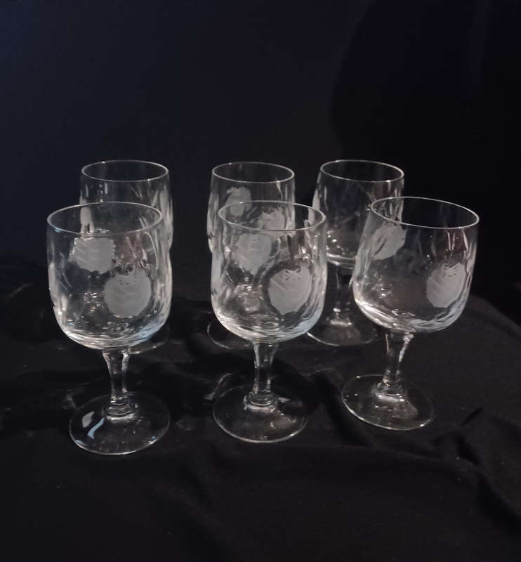Set of six etched sherry glasses