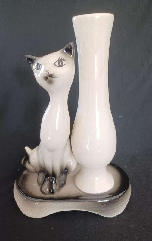 Vintage ceramic Siamese cat with vase