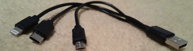 USB 2 to 3-way micro-USB and USB-C and Lightning Adapter Cable