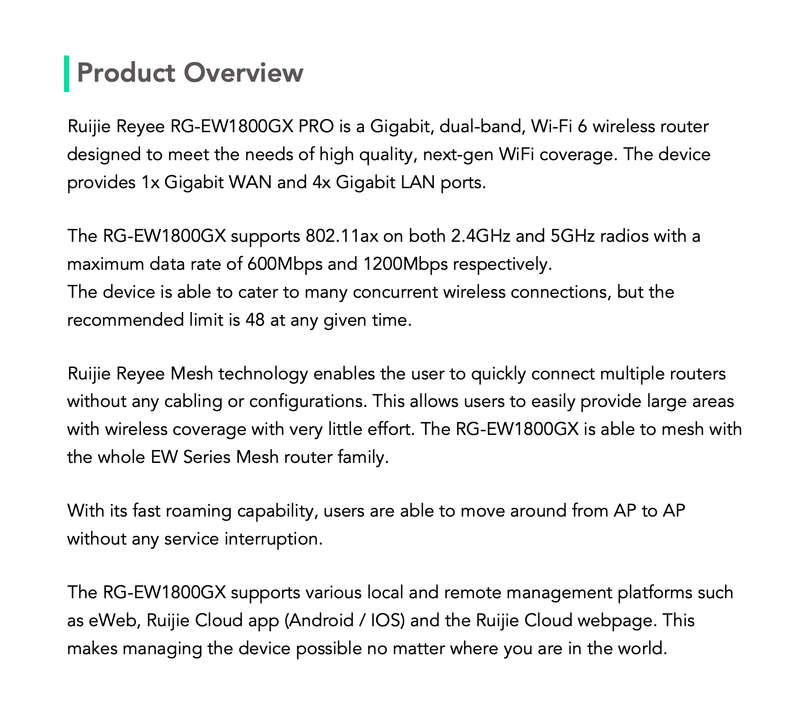 Reyee Dual Band WiFi 6 1800Mbps 6dBi Gigabit Mesh Router | RG-EW1800GX Pro