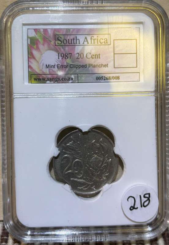 1987 South African 20c (Error coin -clipped planchet)