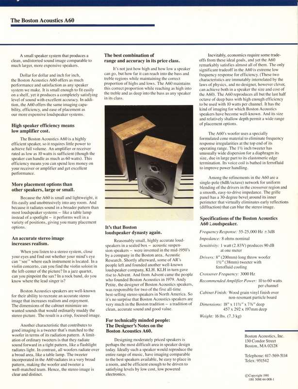 Boston Acoustics A60 Series II  Speakers