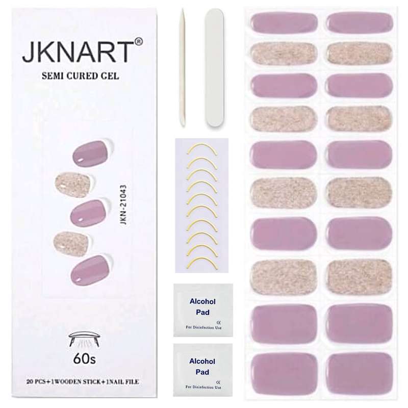 20pc Mauve Purple JK Nart Semi Cured Gel Nail Wraps, Gel Nail Strips with Gold Line Nail Art Sticker